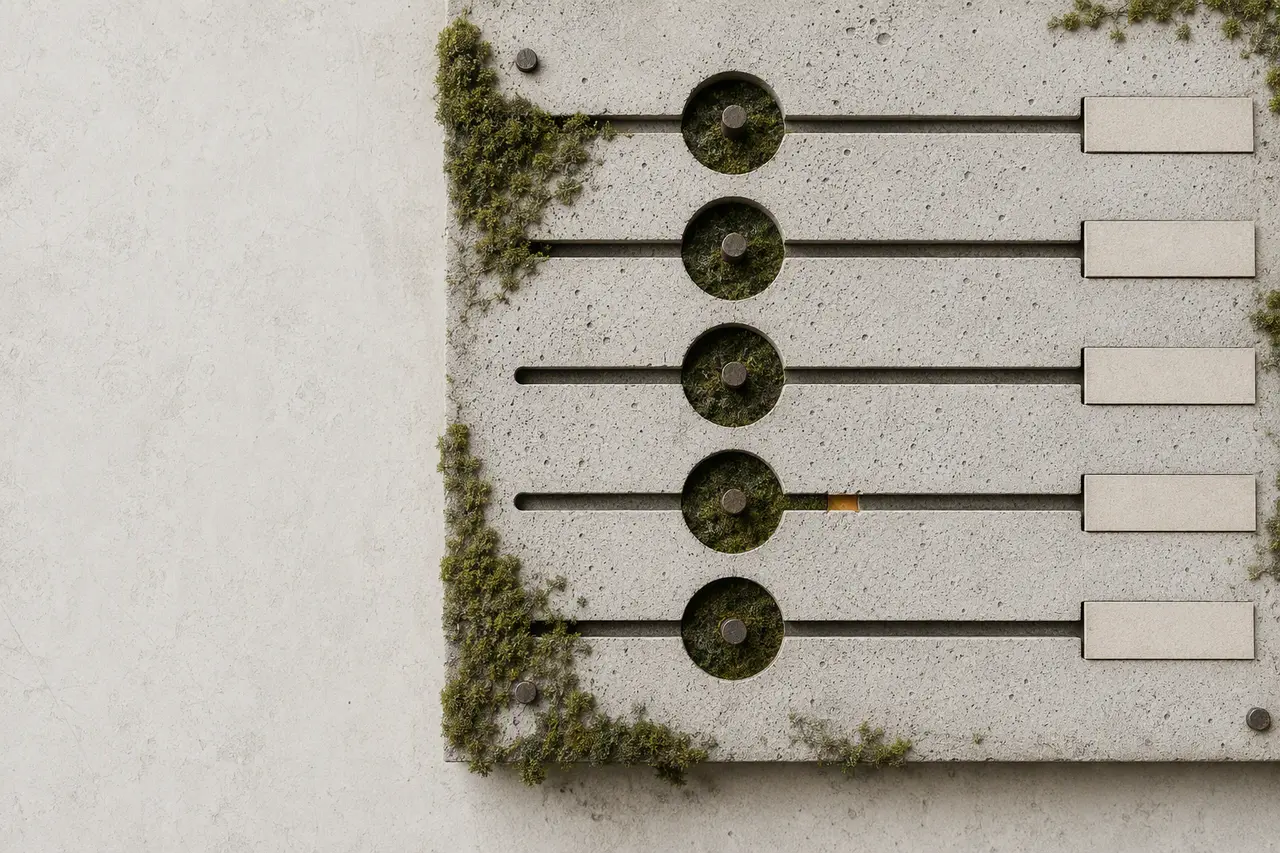 Five parallel tracks cut into a concrete slab, with moss around aligned markers and one amber offset seam.